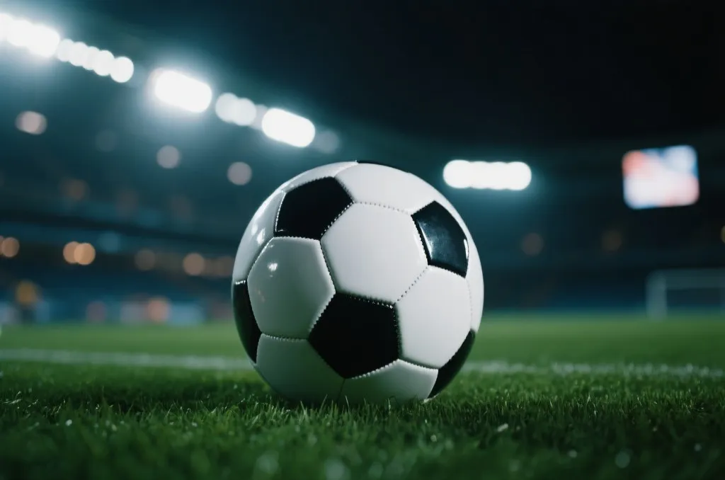 Close-up of a soccer ball resting on the green grass of a professional pitch with stadium lights